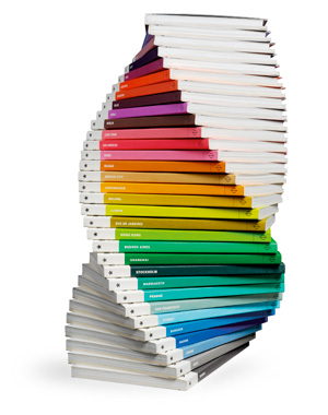 Twisting spiral of book covers